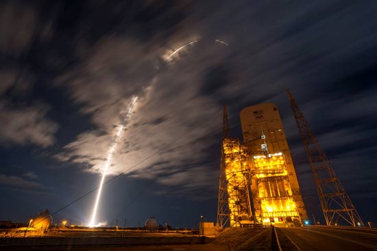 The Atlas V Rocket, built by ULA with Stratasys 3D printed parts, lighting up the Florida sky after its launch.