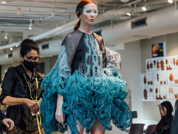 model wearing dress that was 3d printed direct to garment