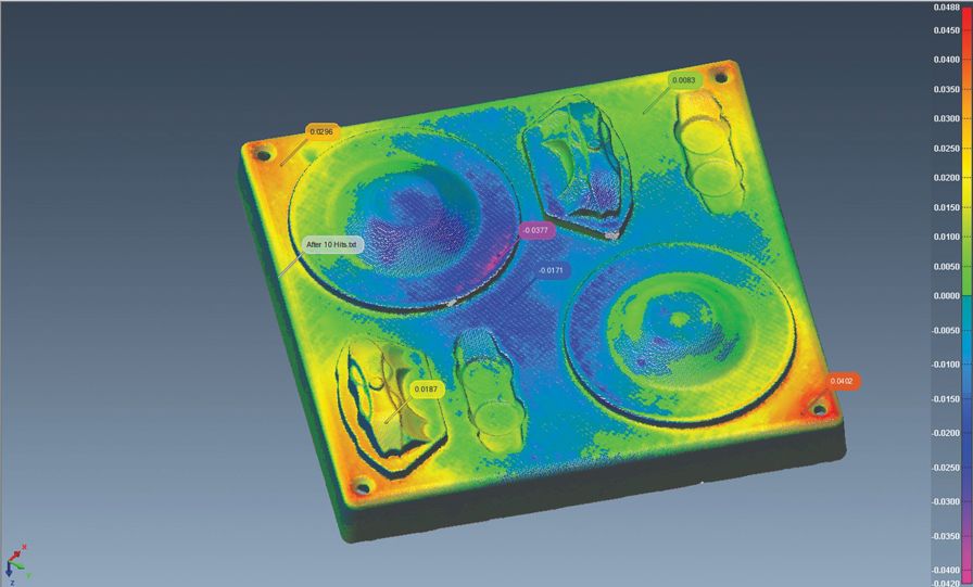 The resulting surface of the PC tool after six Kydex forming cycles (left) and a scan comparison of the tool after six cycles to the base scan at a scale of ±0.050 inch (1.27 mm) (right).