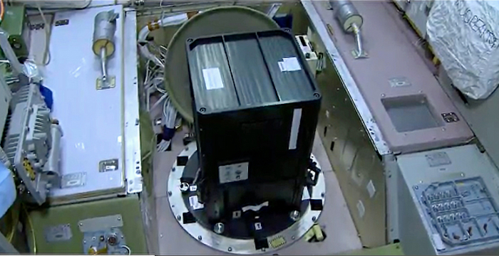 <p>3D printed mini-EUSO successfully placed on an Earth-facing window of the Russian Zvezda module of the ISS.</p>