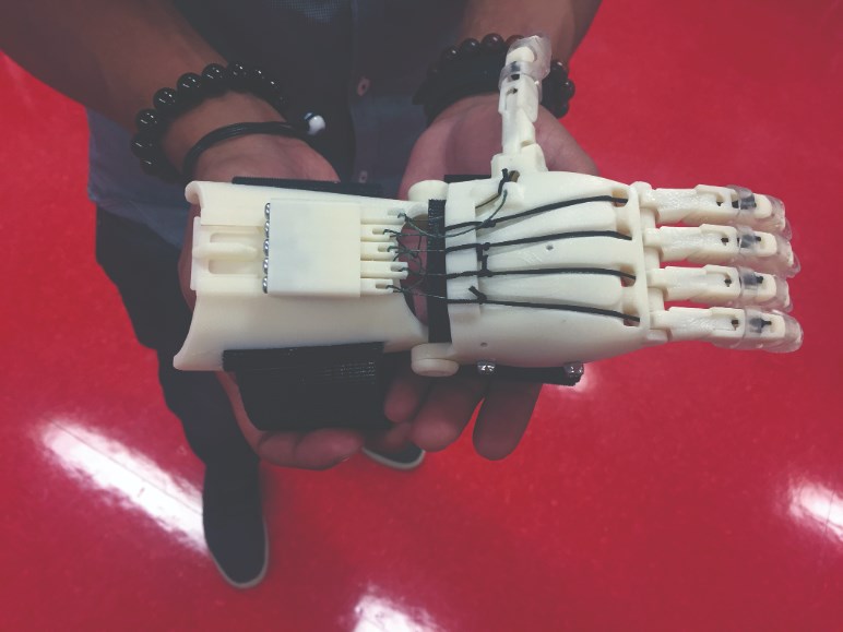 Anatomical hand designed and 3D printed by QCC mechanical engineering student Kevin Hernandes.