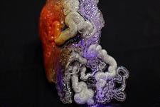 Back piece of Mushtari with illuminated channels. Stratasys’ unique 3D printing technology enabled Oxman’s team to create a large fluid network that varied color, flexibility and transparency from opaque to clear. Photo credit: Jonathan Williams and Paula Aguilera, courtesy of Mediated Matter. 