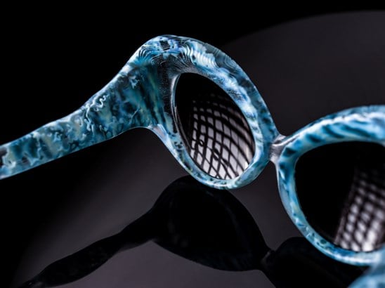 3d printed blue water inspired sunglasses.