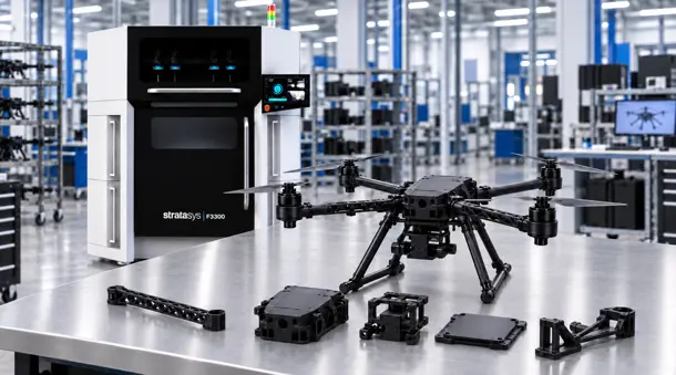 Drone and parts on table with Stratasys F3300 on manufacturing floor