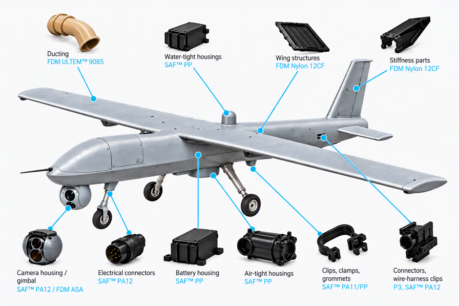 Infographic showing the different 3D printed components of a drone aircraft.