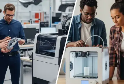 men standing in factory with printer couple working on printer