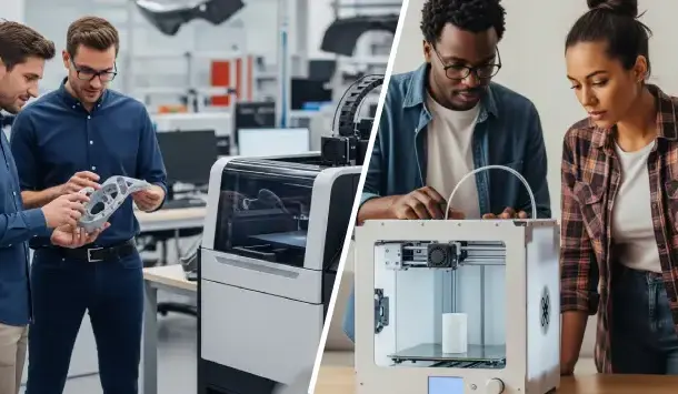 men standing in factory with printer couple working on printer