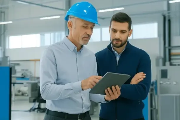 Two guys looking at project details Stratasys Direct