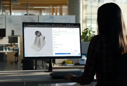 Woman in office setting on computer looking at RapidQuotes Stratasys Direct