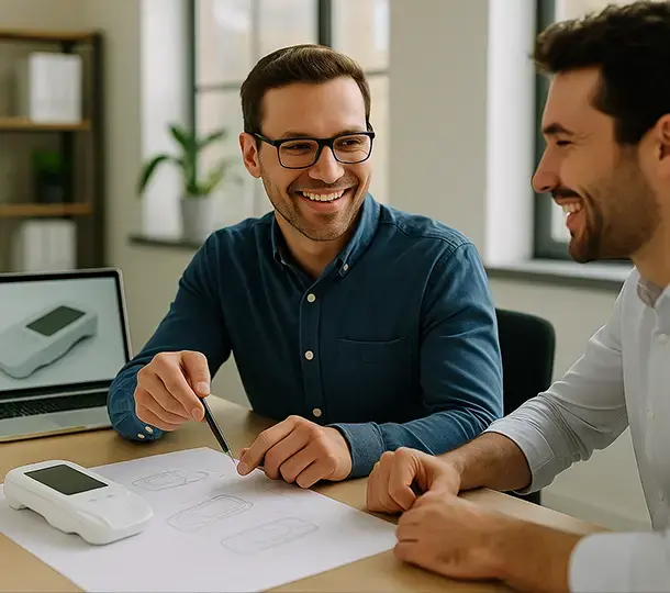 Two team members at a medical device startup reviewing product design sketches at a desk, with a handheld device prototype and its 3D rendering displayed on a nearby laptop.