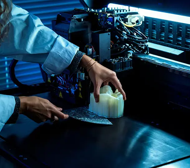 Technician removing a freshly printed 3D object from an industrial 3D printer, using a scraper to lift the part from the build platform under blue machine lighting.