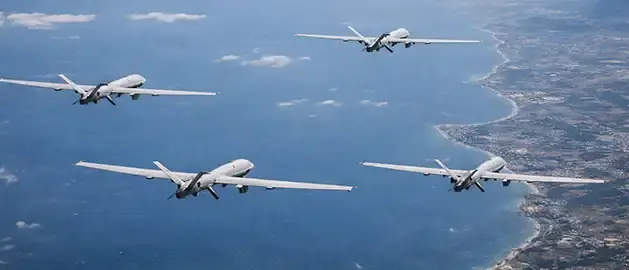 Drones flying in the sky in formation