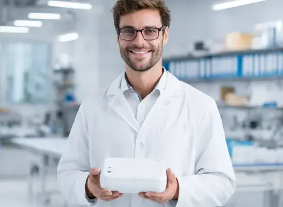 Medical engineer in lab coat holding white medical device