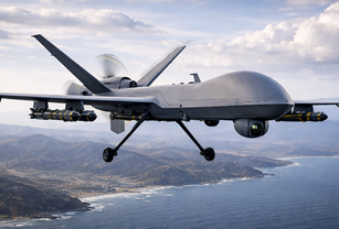 Drone flying with a background of blue skies