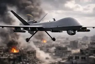 Armed military drone flying above a war-torn city, illustrating the operational role of unmanned systems in modern conflict.