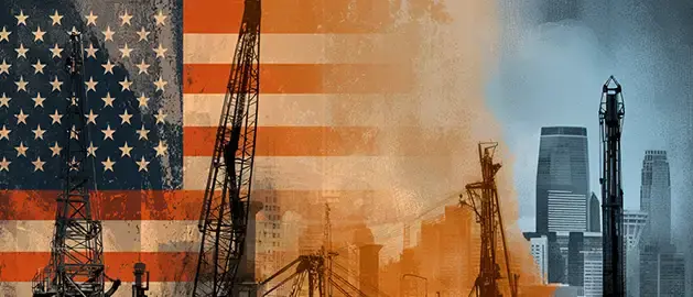 flag in background factory and industrial buildings in foreground to depict America Dynamism