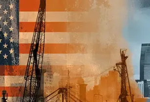 flag in background factory and industrial buildings in foreground to depict America Dynamism