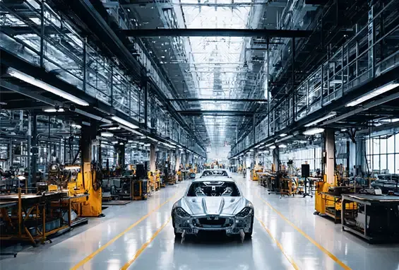 Car manufacturing facility with car in foreground and machines to the sides
