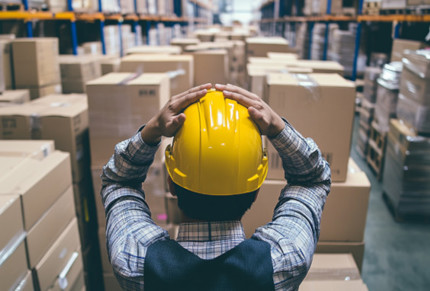 Person frustrated at overcrowded warehouse of supplies due to stockpiling
