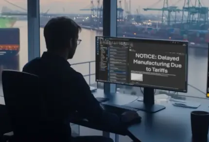 Person getting notice in email about manufacturing is delayed due to tariffs