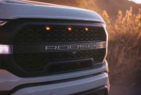 Front end of Roush FORD pickup showing grill and camera mount
