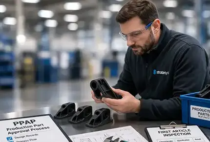 Man inspecting 3D Printed part for quality