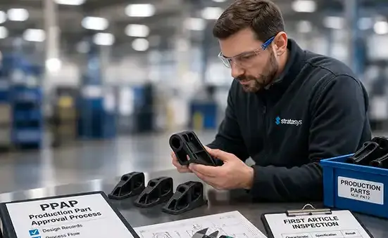 Man inspecting 3D Printed part for quality