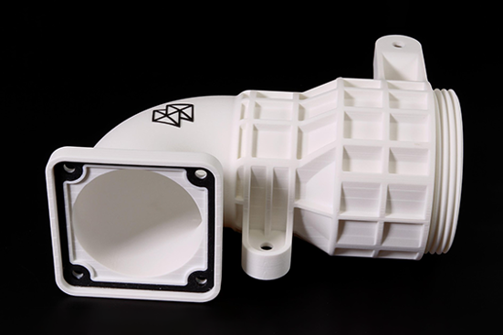 High-detail 3D printed duct component made from ToughONE PolyJet resin for functional testing.