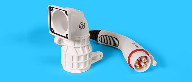 3D printed ToughONE PolyJet resin part and electric vehicle charging connector showcasing high-detail and durability.