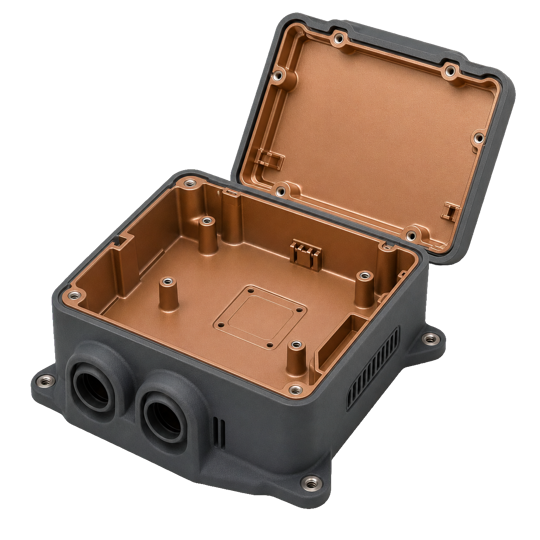 3D printed avionics box open with EMI shielding coating Stratasys Direct