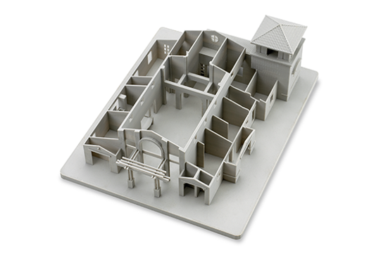 Detailed gray FDM 3D-printed architectural scale model of a building floor plan with walls and structural features.