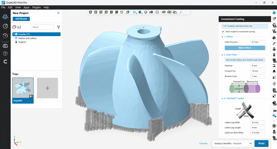 Impeller print being prepared in Stratasys GrabCAD Print Pro.